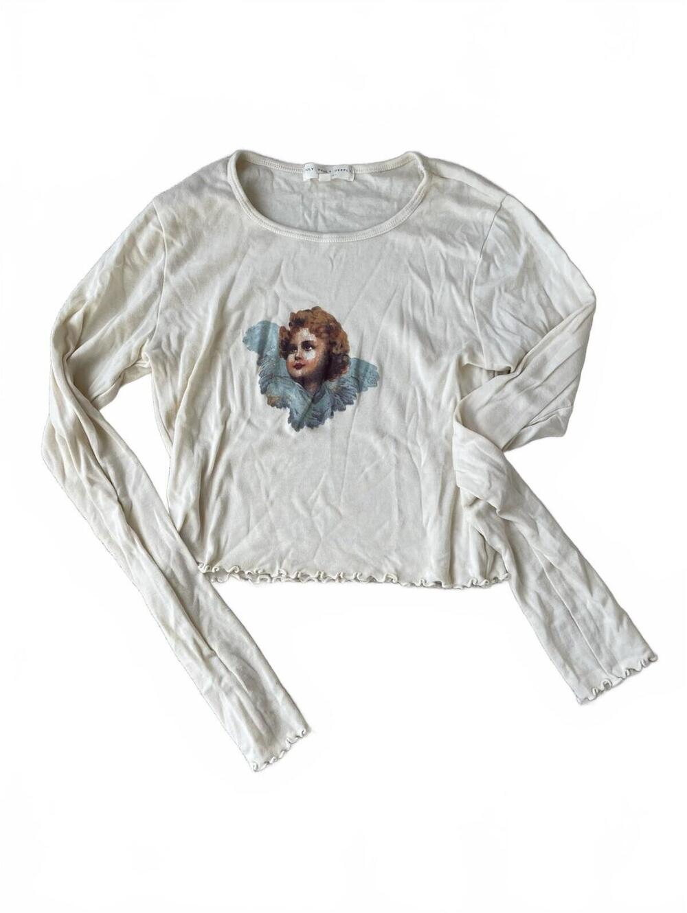 Truly Madly Deeply Cream Long Sleeve Crop Top with Cherub Print S